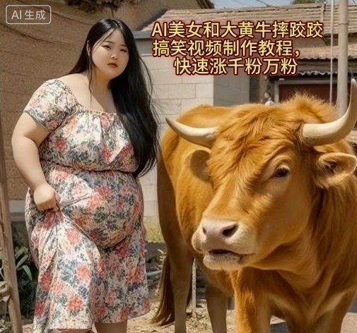 AI美女和大黄牛摔跤搞笑荒诞视频制作教程，快速涨千粉万粉-微科网创