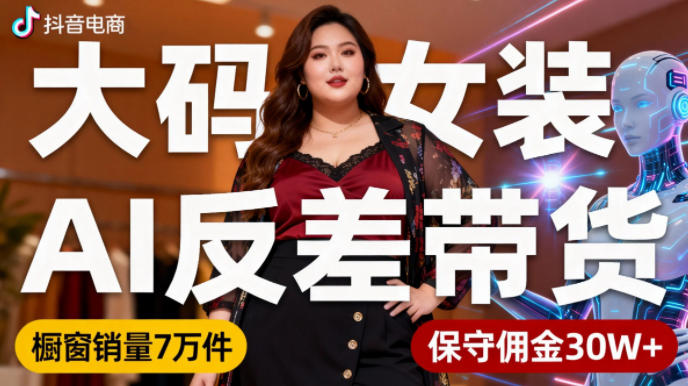 抖音小众赛道，大码女装AI反差带货，不用直播，每天6条作品，橱窗卖7万件，保守佣金30W+-微科网创