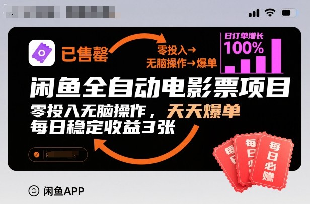 闲鱼全自动电影票项目，零投入无脑操作，天天爆单，每日稳定收益3张【揭秘】-微科网创
