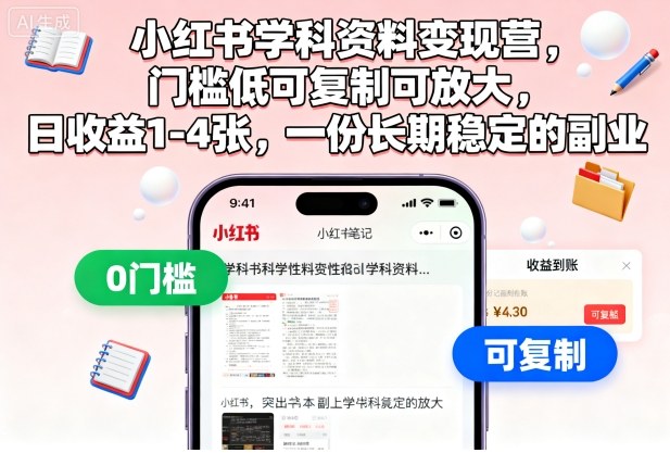 小红书学科资料变现营，门槛低可复制可放大，日收益1-4张，一份长期稳定的副业-微科网创