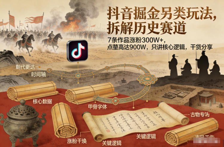 抖音掘金另类玩法，拆解历史赛道，7条作品涨粉300W+，点赞量高达900W，只讲核心逻辑，干货分享-微科网创