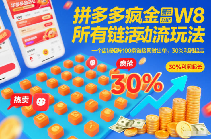拼多多疯狂活动流玩法，所有链接全部打标，一个店铺矩阵100条链接同时出单，30%利润起店-微科网创