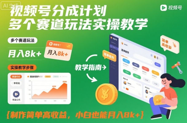 视频号分成计划多个赛道玩法实操教学，制作简单高收益，小白也能月入8k+-微科网创