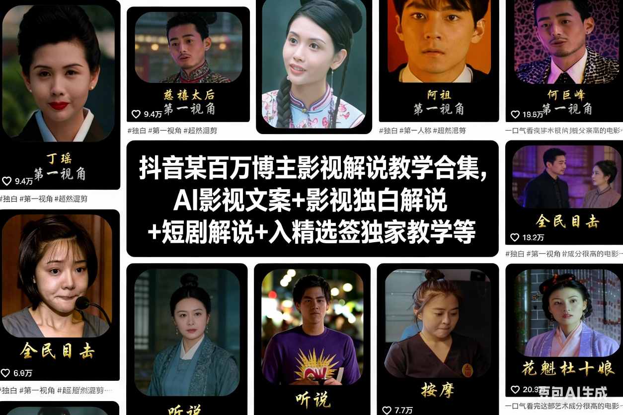 抖音某百万博主影视解说教学合集,AI影视文案+影视独白解说+短剧解说+入精选签独家教学等-微科网创