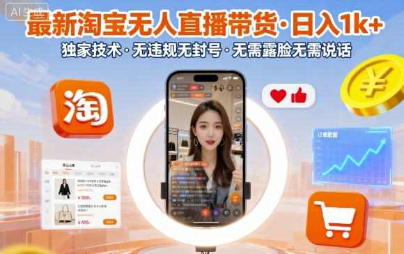 最新淘宝无人直播带货，日入1k+，独家技术，无违规无封号，无需露脸无需说话【揭秘】-微科网创