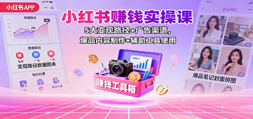 小红书赚钱实操课：5大变现路径+广告渠道，爆品内容制作+辅助工具使用-微科网创