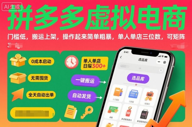 拼多多虚拟电商，门槛低，搬运上架，操作起来简单粗暴，单人单店三位数，可矩阵-微科网创