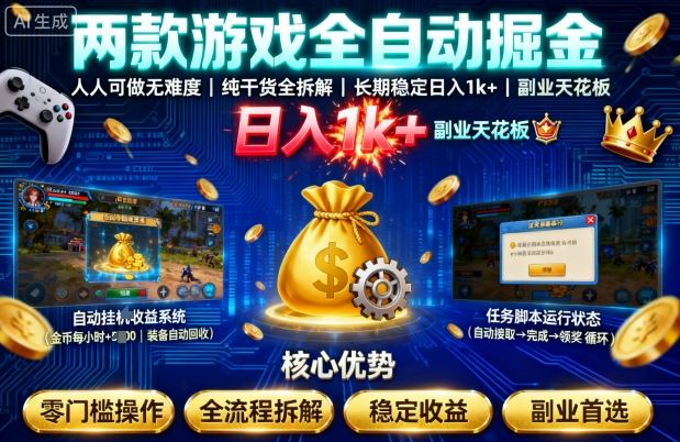 两款游戏全自动掘金，人人可做无难度，纯干货全拆解，长期稳定，日入1k+，副业天花板【揭秘】-微科网创