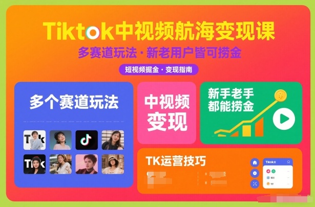 Tiktok中视频航海变现课，多个赛道玩法，新手老手都能在TK中视频捞金-微科网创