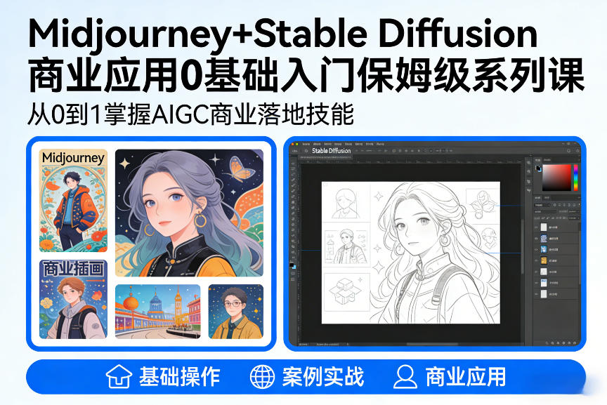 AIGC商业应用Midjourney+Stable Diffusion教程，0基础入门保姆级系列课