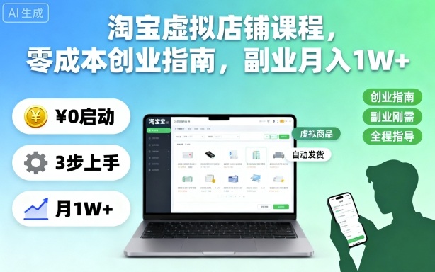淘宝虚拟店铺课程,零成本创业指南,副业月入1W+-微科网创