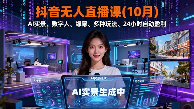 （16355期）抖音无人直播课(10月)，AI实景、数字人、绿幕、多种玩法、24小时自动盈利-微科网创