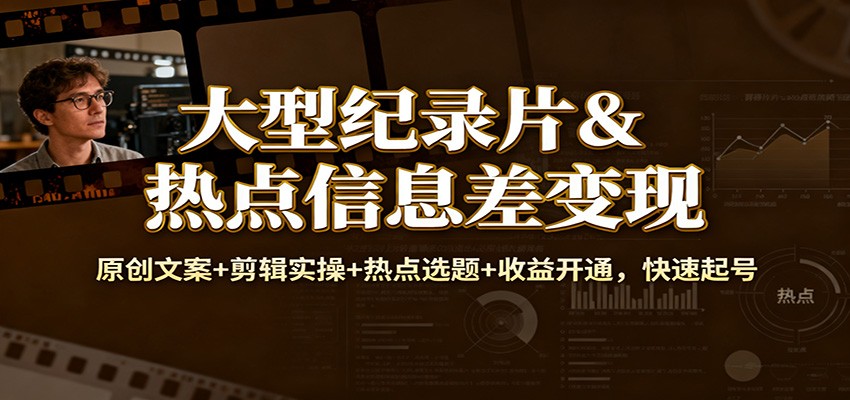 大型纪录片&热点信息差变现：原创文案+剪辑实操+热点选题+收益开通，快速起号-微科网创