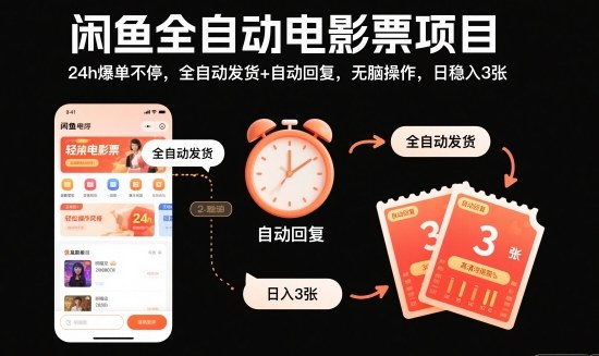 闲鱼全自动电影票项目，24h爆单不停，全自动发货+自动回复，无脑操作，日稳入3张【揭秘】-微科网创