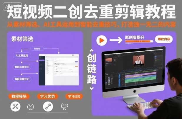 短视频二创去重剪辑教程，从素材筛选、AI工具运用到智能去重技巧，打造独一无二的内容-微科网创