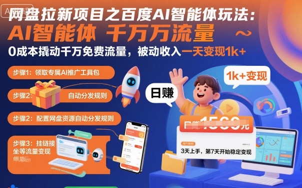 网盘拉新项目之百度Ai智能体玩法，0成本撬动千万免费流量，被动收入，一天变现1k+-微科网创